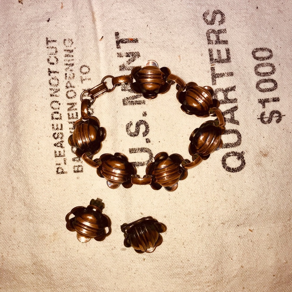 Antique Copper Link Bracelet With Earrings